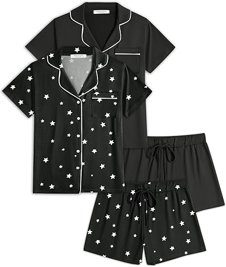 Ekouaer 2 Pack Womens Pajamas Set Button Down Summer Sleepwear Short Sleeve Comfy Pjs Loungewear Set