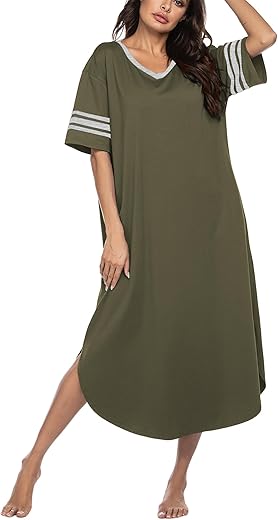 Ekouaer Long Nightgown, Womens V Neck Loungewear Oversized Sleepwear Loose Sleep Dress S-4Xl