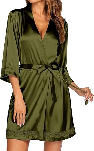 Ekouaer Silk Robes For Women Sexy Kimono Lingerie Bridesmaid Party 3/4 Sleeve Lace Bathrobe