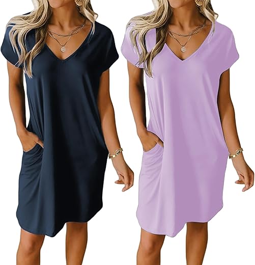 Ekouaer Womens 2 Pack Nightgown V Neck Sleepshirt Short Sleeve Nightshirt Plain/Floral Pajama Dress With Pockets