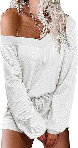 Ekouaer Womens Pajama Set Waffle Knit Lounge Set V Neck Off Shoulder Sleepwear Long Sleeve Top And Shorts 2 Piece Sweatsuit