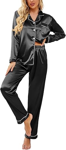 Ekouaer Women'S Summer Classic Button Down Long Satin Silk Pajama Set