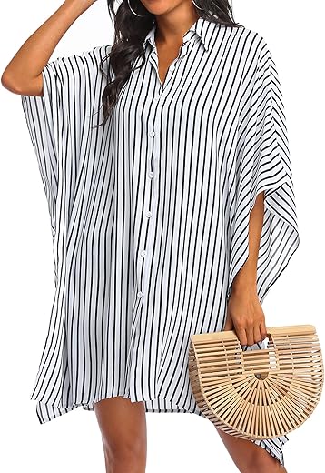 Ekouaer Women'S Swimsuit Cover Up 3/4 Sleeve Beachwear Bikini Coverups Button Down Oversized Cover Up Shirt S-3Xl