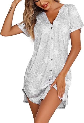 Ekouaer Women V Neck Button Down Nightgown