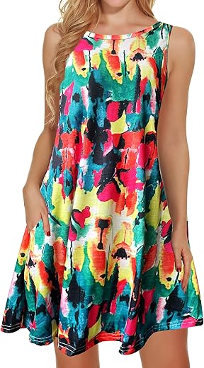 Elescat Summer Dresses For Women 2024 Casual Beach Sleeveless Floral Print Tank Loose Sundress With Pocket