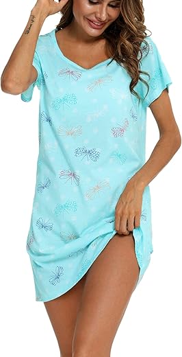 Enjoynight Womens Nightgowns Cotton Sleepwear Plus Size Sleep Shirt Short Sleeve Nightshirt Print Sleepshirt