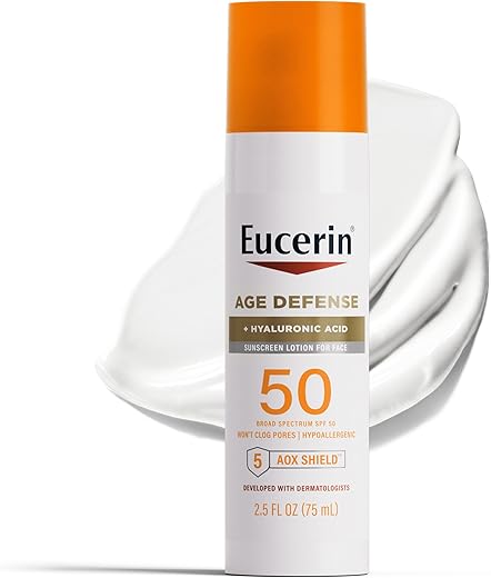 Eucerin Sun Age Defense SPF 50 Face Sunscreen Lotion, Hypoallergenic, Fragrance Free Sunscreen SPF 50 with Hyaluronic Acid, 2.5 Fl Oz Bottle