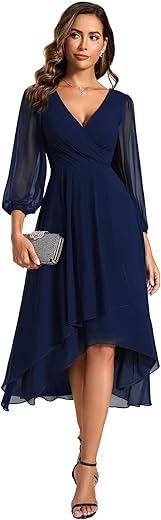 Ever-Pretty Women'S Chiffon Spring V Neck Long Sleeves Pleated A-Line Midi Length Wedding Guest Dress 01926