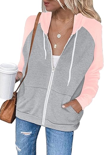 Ezbelle Women'S Color Block Zip Up Hoodie Sweatshirt Casual Long Sleeve Drawstring Jacket Sweater With Pockets