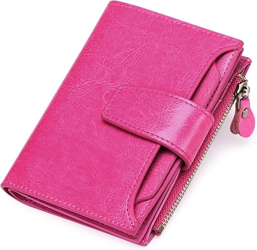 Falan Mule Women'S Genuine Leather Wallet With Rfid Blocking, Includes Coin Pouch, Card Holders, Photo &Amp; Id Holder, Rose Red