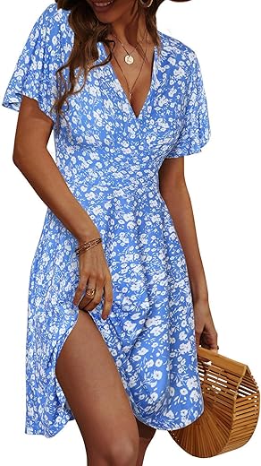 Fensace Womens Sundress Summer Floral Short Sleeve Wrap V Neck A-Line Midi Dress