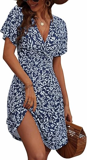 Fensace Womens Sundress Summer Floral Short Sleeve Wrap V Neck A-Line Midi Dress