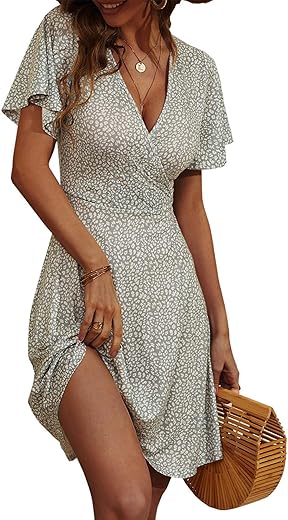 Fensace Womens Sundress Summer Floral Short Sleeve Wrap V Neck A-Line Midi Dress