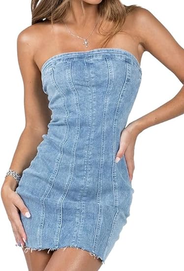 Fronage Women'S Sexy Jeans Denim Strapless Dresses Bodycon Corset Tube Mini Dress