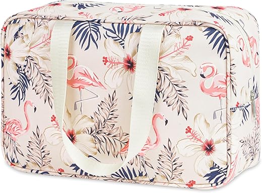 Full Size Toiletry Bag Women Large Cosmetic Bag Travel Makeup Bag Organizer Medicine Bag For Toiletries Essentials Accessories (Large, Beige Flamingo)