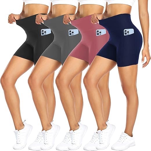 Fullsoft 4 Pack Biker Shorts For Women With Pockets – 5&Quot; High Waisted Tummy Control Workout Yoga Running Gym Tennis Shorts