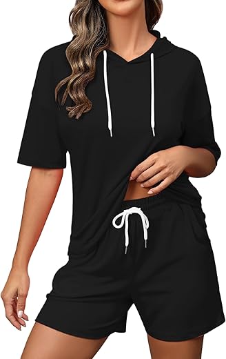 Fuphine Women'S Two Piece Outfits Shorts Sets Summer Sweatsuit Sets Short Sleeve Hoodie And Bottoms Loungewear With Pocket