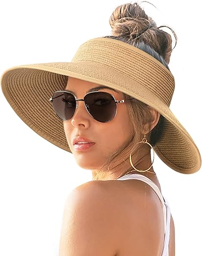 Furtalk Sun Visor Hats For Women Wide Brim Straw Roll-Up Ponytail Summer Beach Hat Uv Upf Packable Foldable Travel