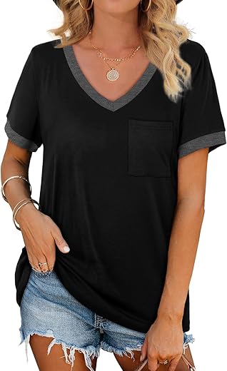 Geifa Womens T Shirts Short Sleeve V Neck Loose Casual Summer Tops With Pocket