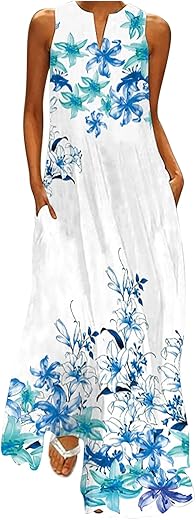 Generic Summer Dresses For Women 2024 Vacation Trendy Dresses Floral Printed V-Neck Long Dresses Casual Loose Fit Dresses