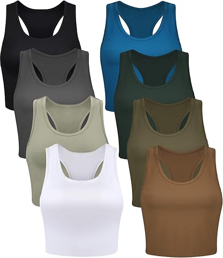 Geyoga 8 Pcs Women Basic Crop Tank Tops Sleeveless Racerback Crop Cotton Top