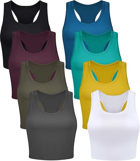 Geyoga 8 Pcs Women Basic Crop Tank Tops Sleeveless Racerback Crop Cotton Top