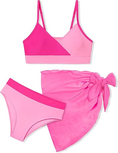 Girls Swimsuit V Neck Bikini Set Color Block With Cover Up 3Pcs Bathing Suits