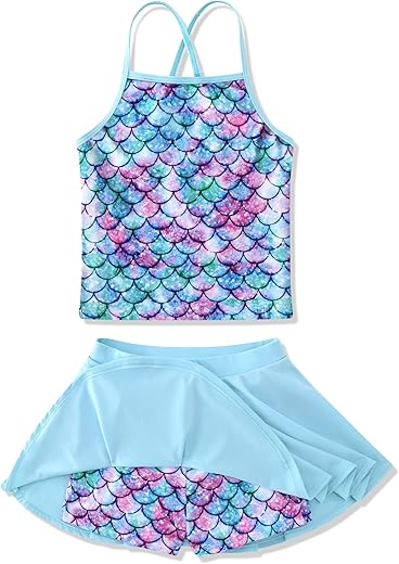 Girls Tankini Swimsuit Two Piece Bathing Suit With Adjustable Strap 3-14 Years