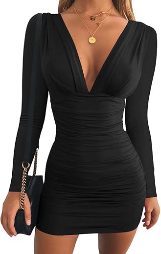 Gobles Women'S Sexy Long Sleeve V Neck Ruched Bodycon Mini Party Cocktail Dress