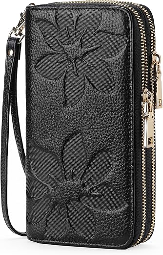 Goiacii Women'S Wallet Large Capacity Double Zip Around Credit Card Holder Leather Ladies Wallet With Rfid Blocking Phone Wristlet Purse Black