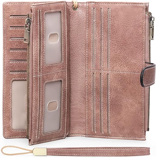 Goiacii Womens Wallets Large Capacity Credit Card Holder Rfid Wallet Women Double Zipper Pocket Leather Bifold Ladies Wristlet Clutch Wallet