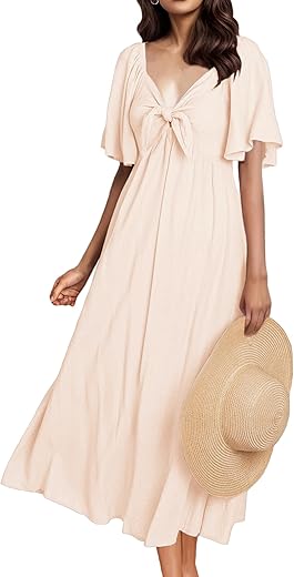 Goldstitch Summer Dress For Women 2024 Casual Short Sleeve Bow Tie V Neck Smocked High Waist A-Line Flowy Midi Dress