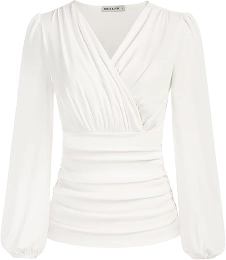 Grace Karin 2024 Womens Tops Summer Elegant Wrap Blouse V Neck Long Sleeve Dressy Casual Ruched Top