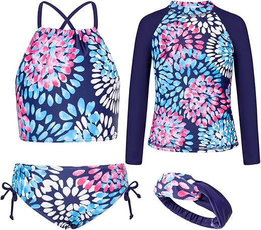 Grace Karin Girls Swimsuit Tankini Rash Guard Long Sleeve 4 Piece Bathing Suit 5-12Y