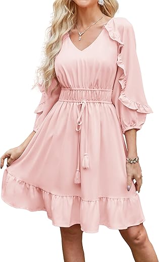 Grace Karin Womens 2024 Summer Ruffle Flowy Swing Short Dress V Neck A Line 3/4 Sleeve Tie Waist Dresses