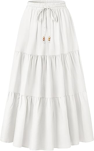 Haeof Women'S 2024 Summer Boho Elastic High Waist Maxi Skirt A-Line Flowy Ruffle Tiered Long Beach Skirts With Pockets