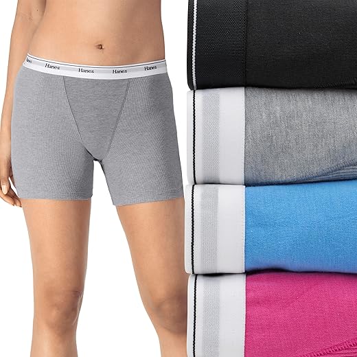 Hanes Womens Mid-Thigh Boxer Brief Pack, Stretch Cotton Underwear, 4-Pack