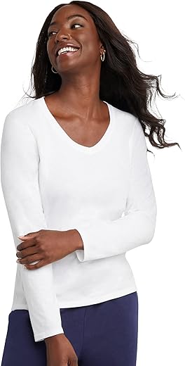 Hanes Womens Originals Long Sleeve Cotton V-Neck T-Shirt, Lightweight V-Neck Tee, Modern Fit