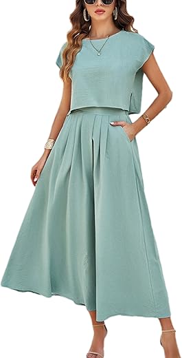 Hangnifang Summer Skirt Sets Women 2 Piece Outfits Cap Sleeve Top Elastic Waist Maxi Dress Sets With Pockets