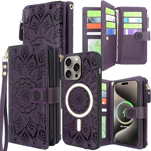 Harryshell Detachable Magnetic Case Wallet For Iphone 15 Pro Max Compatible With Magsafe Wireless Charging Protective Cover Multi Card Slots Cash Coin Zipper Pocket Wrist Strap (Floral Deep Purple)