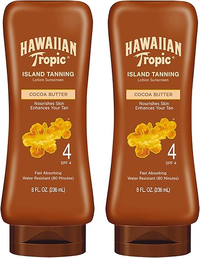 Hawaiian Tropic Island Tanning Lotion Sunscreen Spf 4, 8Oz | Outdoor Tanning Lotion With Spf, Spf 4 Sunscreen, Oxybenzone Free Sunscreen, 8Oz, Twin Pack