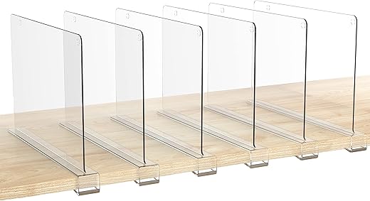 Hblife 6 Pack Closet Organizers And Storage, Clear Shelf Dividers, Vertical Purse Organizer For Closet Perfect For Sweater, Shirts, Handbags In Bedroom And Kitchen, Acrylic Bookshelf For Organization