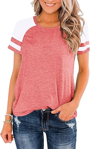 Heymiss Womens Shirts Casual Tunic Tops Color Block Crewneck Summer Loose Fitting Workout Tee Shirts