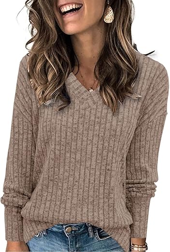 Heymiss Womens Sweatshirts V Neck Long Sleeve Shirts Loose Casual Fall Fashion Sweaters S-2XL