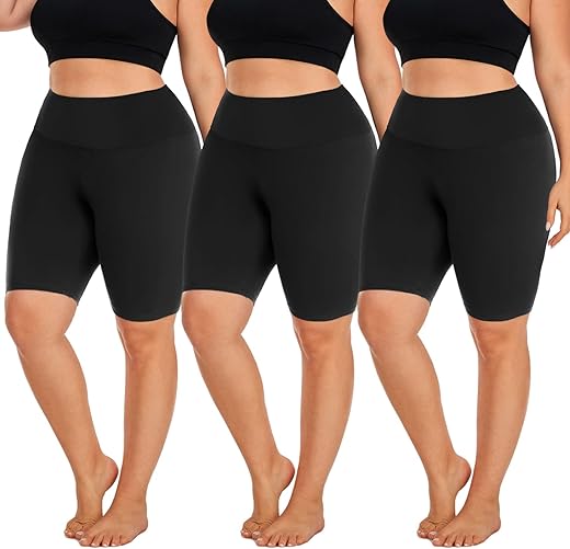 Hi Clasmix 3 Pack Plus Size Biker Shorts For Women(1X-4X)-High Waisted Non-See Through Workout Super Soft Black Yoga Shorts