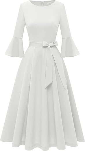 Homrain Women'S Elegant Bell Sleeve Cocktail Party Dresses For Wedding Guest Fit And Flare Modest Church Midi Evening Dress