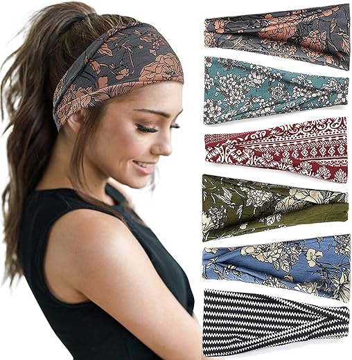 Huachi Boho Headbands For Women Wide Head Bands Yoga Workout Hair Bands For Women'S Hair Non Slip Summer Womens Headbands Hair Accessories 6 Pack