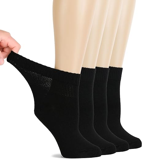 Hugh Ugoli Diabetic Socks For Women, Super Soft, Thin Bamboo Ankle Socks, Wide, Loose, Non-Binding Top, Seamless Toe, 4 Pairs