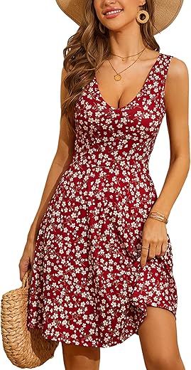 Huhot Womens Sleeveless V Neck Dress With Pocket Summer Beach Midi Flared Tank Dress