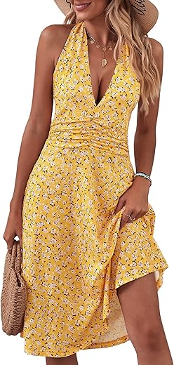 Huhot Women'S Summer Sundress Sleeveless Halter Neck Spring Boho Floral With Pocket Elastic Waist Ruffle Mini Dresses 2024